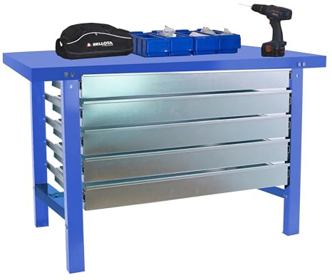 SimonRack Werkbank 600 kg Belastbarkeit, 83x150x73 cm, 5 Schubladen, Große Arbeitsfläche Arbeitsfläche, Arbeitstisch, Holz-Arbeitsplatte, Blau - BT6