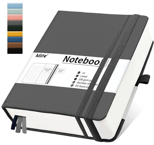 Mlife Notizbuch A4 Liniert,Dickes Notizbücher mit 360 nummerierten Seiten und 100g/M² Tintenfestes Papier,Hardcover Collegeblock, Tagebuch mit 2 Rücktasche für im Büro oder in der Schule(Grey)