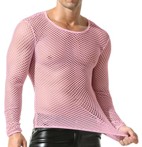 QiaTi Men's See Through T-Shirts Mesh Tops Fishnet Shirt Round Neck Undershirts Long Sleeve Pink