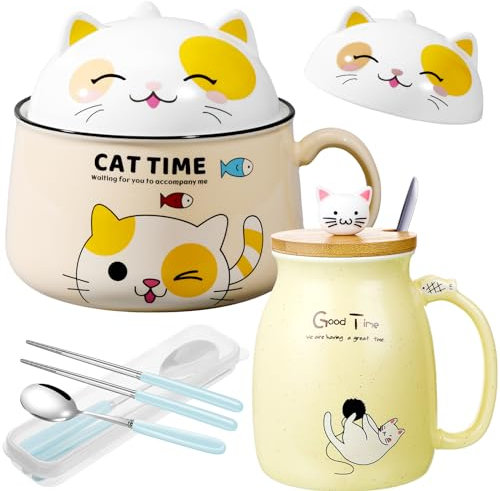 FoldTier Set of 2 Ceramic Cat Mug and Ramen Bowl with Lid 15.2 oz Microwave Cat Coffee Cup 34.5 oz Ramen Bowl with Lid Chopsticks Spoon for Christmas Birthday Gifts(Yellow)