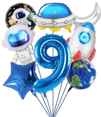 SPHERETRON 8 Stück Weltraum Luftballon Set geburtstagsdeko 9 jahre junge Weltraum Astronaut Folienballon Rakete Raumschiff Helium Ballon Folienballon Astronaut für deko geburtstag junge