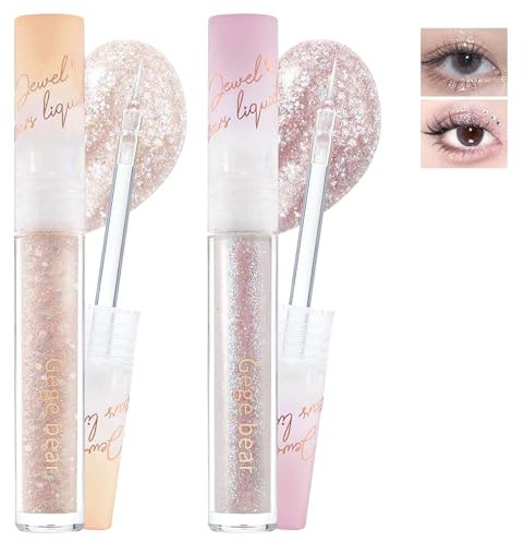 2 Pcs Flüssiges Glitzer Lidschatten, Diamond Lidschatten & Glitter Flüssig Eyeliner Set zum Aufhellen der Augen, Schimmer Highlight Metallic Liquid Eyeshadow, Glitzer Augen-Make-up für Frauen-05+06