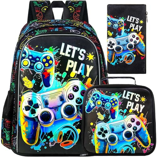 UFNDC 3PCS Boys Backpack,16”Kids Dinosaur Bookbag with Lunch Box, School Bag for Elementary Toddler, New Uv Printing Boys Game Backpack, One Size, New Uv Printing Boys Game Backpack Set