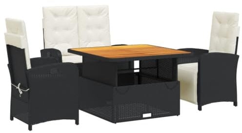 vidaXL Garten Essgruppe mit Kissen 4-tlg., Gartenmöbel Set Sitzgruppe, Essgarnitur Gartengarnitur, Terrasse Balkon Möbel Garnitur, Schwarz Poly Rattan