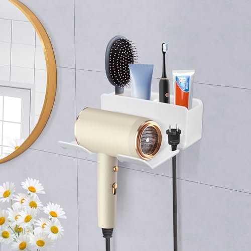 Figarge Fönhalter Wand Ohne Bohren Föhn Halterung mit Steckerhalter & 2 Aufbewahrung，Selbstklebender Haartrocknerhalter Föhnhalter Wandmontage für Bad Barbershop Hotel
