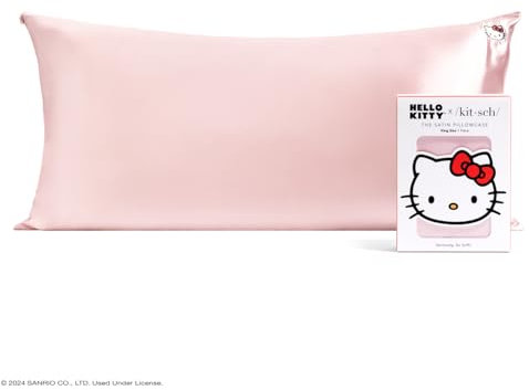 Kitsch Kissenbezug aus Satin mit Hello Kitty-Motiv, Reißverschluss, gut für Haare, weicher als Seide, kühlend, maschinenwaschbar, knitterfrei, Kingsize, 48 x 91 cm, Rosa Kitty-Gesicht