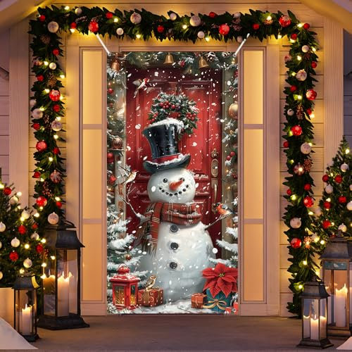MEHOFOND 2.95x6ft Christmas Snowman Door Cover Winter Decorations Front Door Banner Backdrop Xmas Party Photography Background Holiday Door Cover Outdoor Home Indoor Props