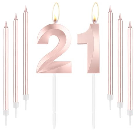 mciskin Rose Gold 21 Birthday Candles-Number 21 Candle for Cake with Long Thin Candles Set, Rose Gold Cake Topper for Girl 21st Birthday Decorations Supplies,21st Wedding Anniversary Decorations