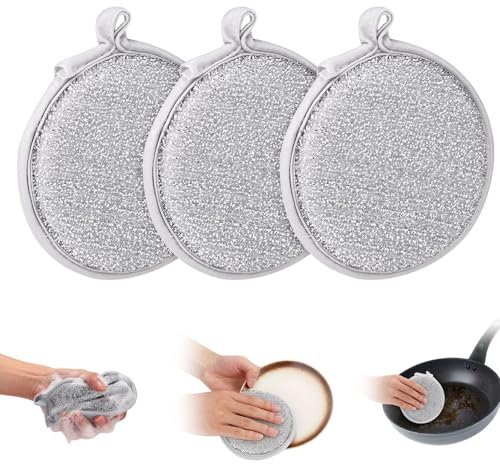 3pz Pagliette Abrasive per Cucina, Diametro 12,5 cm Spugna Piatti Acciaio Pagliette in Lana di Acciaio Panni Multiuso per Lavastoviglie in Filo Metallico per Lavare i Piatti a Umido e a Secco