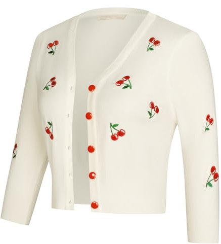 Belle Poque Cardigans for Women UK Vintage V-Neck 3/4 Sleeve Cherries Embroidery Cardigan Sweater S