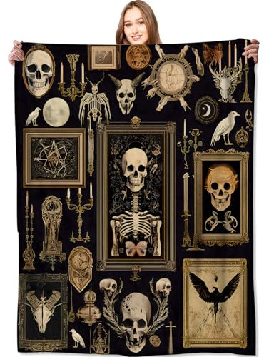 VODRM Gothic-Totenkopf-Hexendecke, Gothic-Skelett, Vintage-Bilderrahmen, Überwurf, Decken, Geschenke für Kinder, Erwachsene, Frauen, Männer, leicht, weiches Fleece, Horror-Liebhaber, Sofa, Couch,