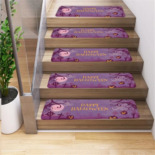 Surwin Halloween Stufenmatten rutschfest Treppenstufen Matten mit Klassischem Muster, Weich Rechteckig Innen Stufenteppich Gummirücken Treppenteppich Stufenteppich Treppenmatten (5 Stück,Lila)