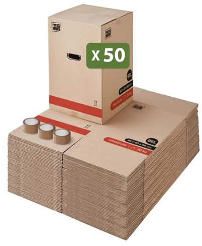 Pack And Move - Set 50 Umzugskartons Premium - 40 x 40 x 60 cm - Extreme Belastbarkeit 30 KG - Wiederverwendbar - Doppelwandig - Verstärkte Griffe - 3 Klebebänder Gratis