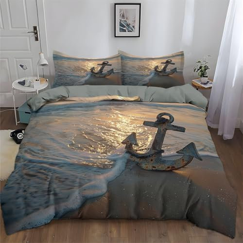 Srigzcaly Bettwäsche 155 x 220 cm Anker Strand Meer Bettbezug Atmungsaktives Leichtgewicht Mikrofaser mit 2 Kissenbezug, Mehrfarbig Bettwäsche Sets für Kinder Jugendliche Erwachsene