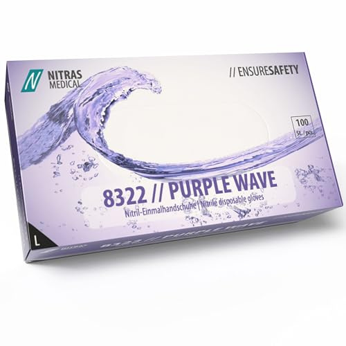 Nitras 8322 PURPLE WAVE puderfreie, unsterile, medizinische, lebensmittelgeeignete Nitril-Einmalhandschuhe Farbe lila, 100 Stück im Spenderkarton (L)