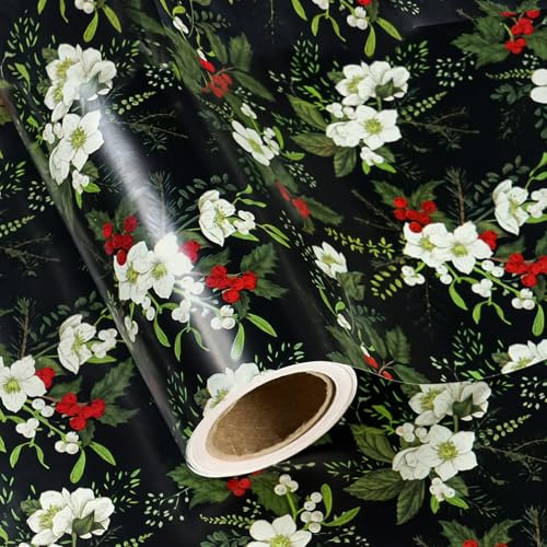 RUSPEPA Papier Cadeau De Noël - Mini Rouleau - 43,2 Cm X 10 M - Papier Cadeau Blanc À Fleurs Avec Feuilles Vertes Et Baies Rouges Pour Noël Et Fêtes