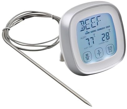Digital Meat Thermometer with Stainless Steel Probe, Timer, and Touch Screen for Oven, Grill, and Kitchen Use