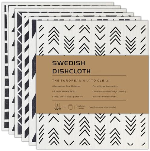 AlGuirnex Swedish Dishcloth Set of 6 - Reusable Dish Cloths 100% Biodegradable & Compostable Sponge Cloths, Food-Safe & Plastic-Free Kitchen Cloth Suitable for Any Surface (Geometric)