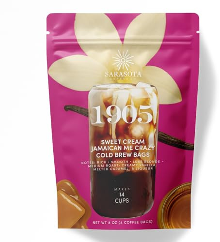 Sarasota Coffee 1905 Cold Brew Coffee Bags | Sweet Cream Jamaican Me Crazy | Blonde-Medium Roast | Smooth & Low Acid | Ground Filter Packs | Cold Brew Kit Makes 14 Cups | Creamy Vanilla & Caramel Notes