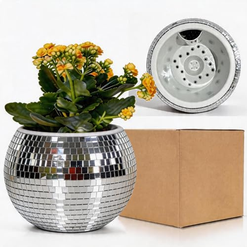 Disco Boule Facette Pot de Fleur,Boule Disco Plante Pot,Auto Arrosage Disco Jardiniere,Cache Pot Boule Disco,Vase Disco,Argenté Mosaique Miroir Plastique Disco Decor pour Fête,Bureau,Cuisine,4*5*5IN