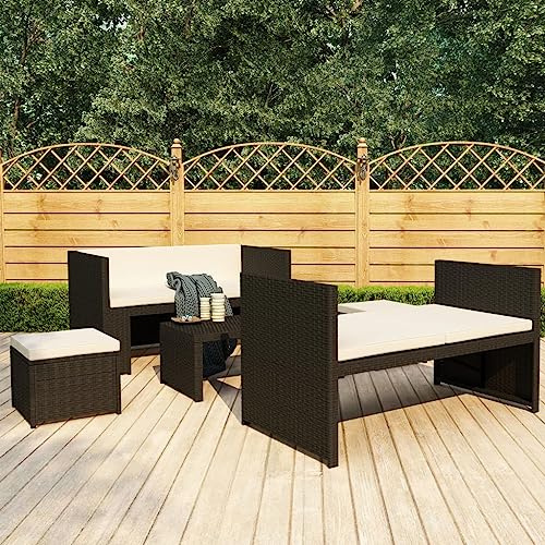 Teenpull 5-TLG. Garten-Lounge-Set, Poly Rattan Schwarz, Outdoor Sitzgruppe mit Auflagen, Couchtisch, 2 Hocker, witterungsbeständig, für Terrasse, Balkon, Garten