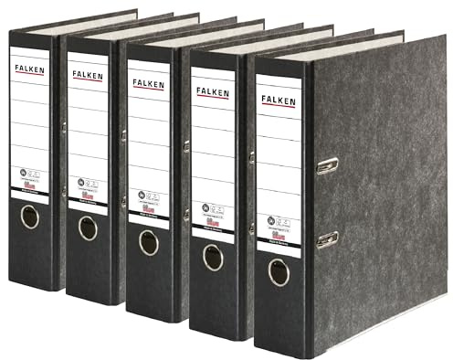Original Falken 5er Pack Recycling-Ordner Wolkenmarmor. Made in Germany. 8 cm breit DIN A4 schwarzer Rücken Ringordner Aktenordner Briefordner Büroordner Pappordner CO2-Neutral Blauer Engel