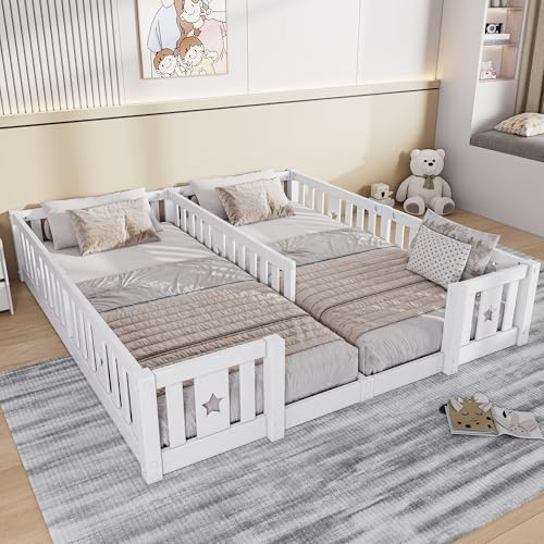 BLSYHDH Montessori Bett 180x200 cm,Kinderbett,Kinder Bett Bodenbett Mit Rausfallschutz,Bodenbett aus Holz,Sicheres Kleinkindbett,Gitterbett Kinder (Weiß-3+Ohne Bettlatten)