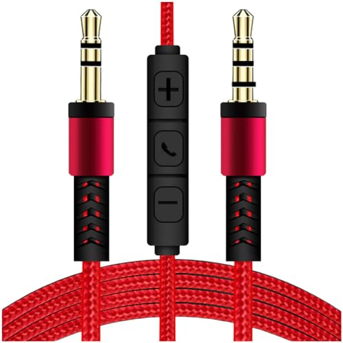 Câble audio auxiliaire 3,5 mm avec micro et contrôle du volume, cordon de casque stéréo plaqué or pour téléphones, tablettes, ordinateurs, autoradios, fil de cuivre étamé, 1,2 m (rouge)