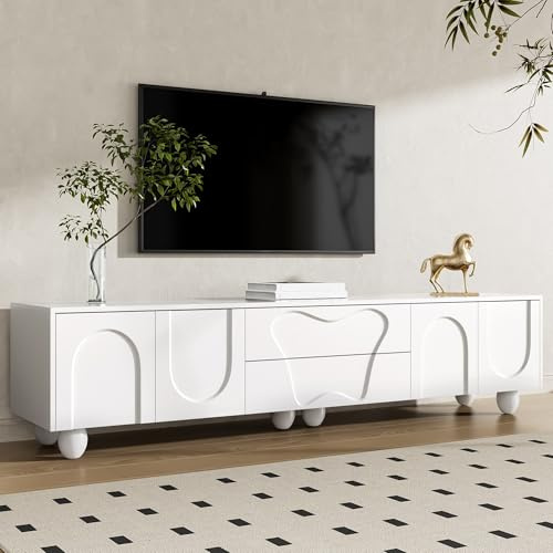 RAPRAP 180cm Weiß TV-Schrank mit Holzbeinen – Ein minimalistischer und Eleganter Tv Board Weiss mit Schubladen & Fächern für ein Stilvolles Wohnzimmer,J