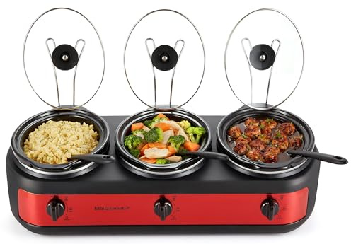 Elite Gourmet EWMST-325R Triple Slow Cooker Buffet Server, 3 x 2.5 Qt, Red
