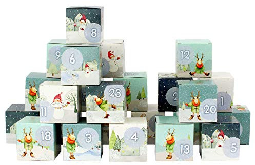 Papierdrachen DIY Adventskalender zum Befüllen - Kisten Set - Motiv Weihnachtsdorf mit Rentieren/Schneemännern - 24 bunte Schachteln aus Karton zum Aufstellen und zum Befüllen - 24 Boxen - Weihnachten