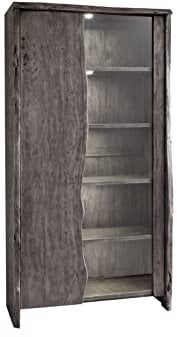 Massivmoebel24.de Vitrine Pure Acacia aus Akazienholz grau lackiert, Massive Standvitrine mit 5 Fächern, Tür mit Glasscheibe und Baumkante