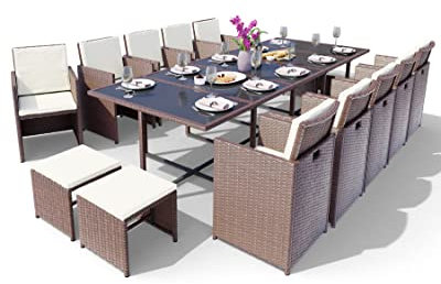 Swing & Harmonie Sitzgruppe Garten - Rattanmöbel Outdoor - Robuste Gartenmöbel - Hochwertige Gartengarnitur - Garten-Essgruppe - Outdoormöbel - Esstisch (15-Teilig, braun)