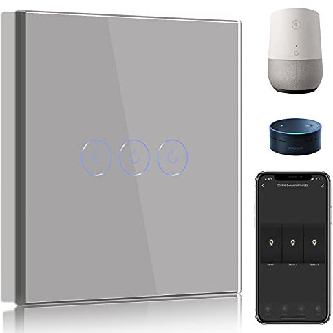 BSEED Smart Light Switch,Compatible with Alexa and Google Home,3 Gang 1 Way WiFi Touch Switch,2 Way or Multi-Way Control by SmartLife APP,Grey Alexa Switch with LED Indicator Light-Neutral Wire Need