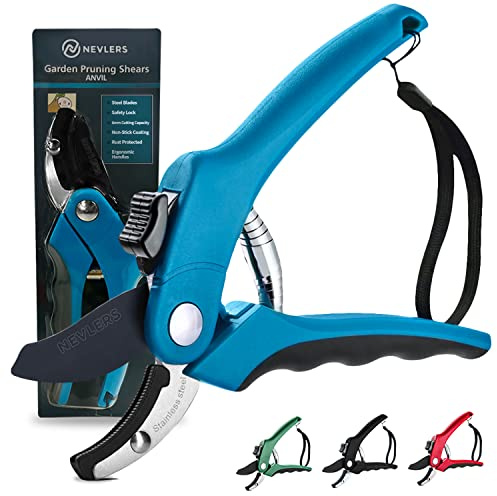 Nevlers 8 Blue Anvil Pruning Shears Heavy Duty | Hand Pruners for Gardening w/Steel Blades, Safety Lock & Ergonomic Handles | 8mm Cut Cap Plant Shears & Branch Cutter for Dead Stems & Small Branches