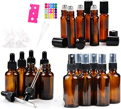 Youngever 18 Pack Amber Glass Essential Oil Bottles Bundle, 6 Dropper Bottles (30ml), 6 Spray Bottles (60ml), 6 Stainless Steel Roller Bottles for Essential Oil (10 ml)