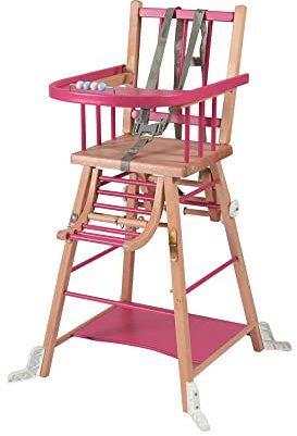 Chaise Haute Bébé Traditionnelle Transformable Barreaux sans Tablette Amovible Marcel, Bicolore Fuchsia et Naturel