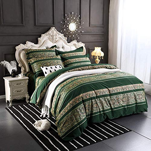 Lanqinglv Bettwäsche 220x240 cm Dunkelgrün Bohemian Boho Indischen Böhmisch Wendebettwäsche Set Vintage Doppelbett Renforce Bettbezug mit Reißverschluss und 2 Kissenbezug 80x80cm