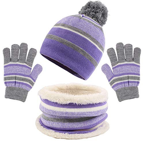 Pesaat Kinder Mütze Schal Handschuhe Set Herbst Winter Strickmütze Streifen Fleece Mützen Schals Für Mädchen Jungen (Lila)