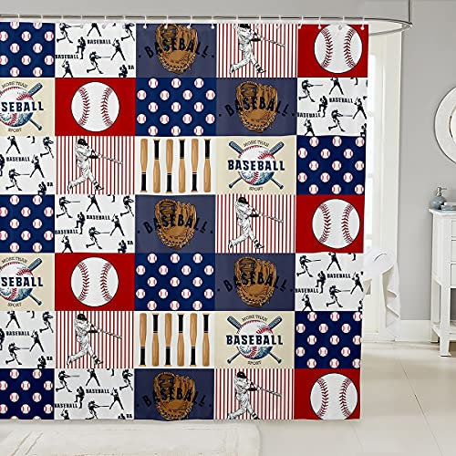 Manfei Plaid Duschvorhänge Baseball Sport Thema Badezimmer Vorhänge für Kinder Jungen Teenager Baseballschläger Handschuhe Druck Wasserdicht Badvorhänge mit 12 Haken Anzüge für Badewanne, 182,9 cm B x