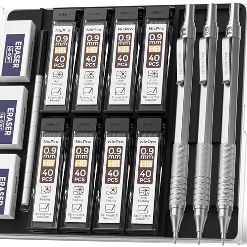 Nicpro 0,9 mm Druckbleistifte Set, 3 Stück Metall Automatischer Zeichenstift, Druckbleistift, mit 6 Tuben HB Bleistiftminen und 3 Radiergummis zum Schreiben von Draft, Zeichnen, Skizze mit Etui