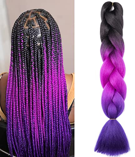 Gairyan Extension per Treccine Africane Extension Capelli Finti per Treccine Afro 24 Ombre Treccia Capelli Sintetici Crochet Twist Jumbo Braids confezione da 1 (Nero-Fucsia-Blu Viola)
