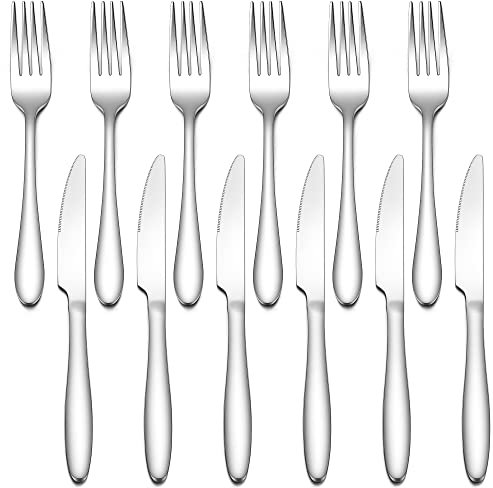 Steakbesteck 12-teilig, Herogo Edelstahl Steakmesser und Steakgabel für 6 Personen, Elegante Tafelgebel Tafelmesser Besteck Set für Haus/Party/Restaurant, Rostfrei & Spülmaschinenfest
