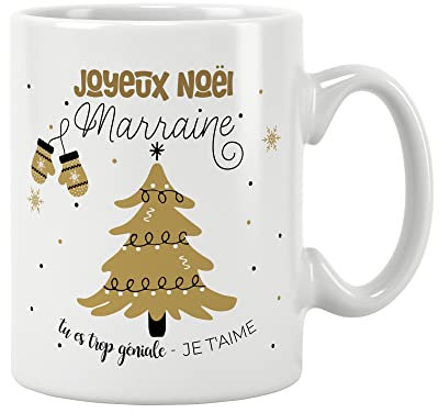 ÉNJA Création Cadeau NOËL - Mug MARRAINE. Marraine/Tasse – Joyeux Noël - Cadeau fêtes de fin d'année personnalisé. Cadeau original. Céramique haute qualité 11oz - 320 ML (MARRAINE)