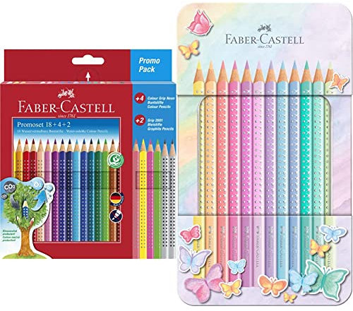 Faber-Castell 201540 - Buntstifte Set für Kinder und Erwachsene, 24-teilig, dreikant, bruchsicher, inkl. 4 Neonfarben und 2 Bleistiften & 201910 - Buntstifte Sparkle Pastell, 12er Metalletui