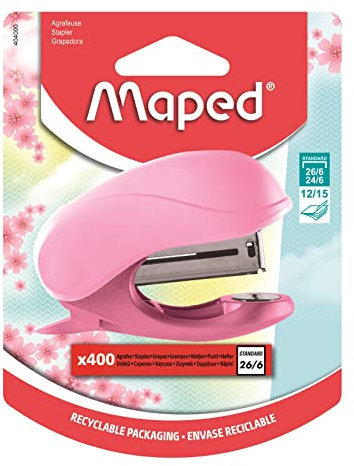Maped - Mini Agrafeuse Vivo Rose Pastel Avec 400 Agrafes 26/6 - Corps en Matériau Recyclé - Ôte Agrafes Intégré - Compatible 24/6 et 26/6 - Relie jusqu'à 15 Feuilles