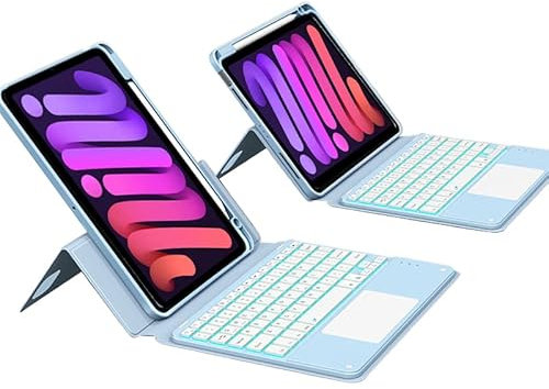 QYiiD Hülle mit Tastatur für iPad Mini 6 2021 (6.Generation) 8,3 Zoll, Transparent Back Vertical Stand Schutzhülle Pencil Halter & QWERTZ Deutscher Beleuchtete Touchpad QWERTZ Deutscher Tastatur, Blau