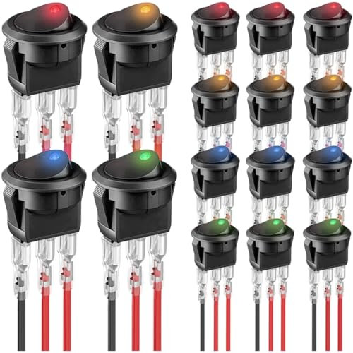 MKBKLLJY 16 Stück beleuchtete runde Wippschalter DC 20A 12V SPST beleuchtet ON Off 3 Pin für Auto Boot LKW Marine 12V Wippschalter mit verriegelten Klemmen Drähte 4Color(Rot/Gelb/Blau/Grün)