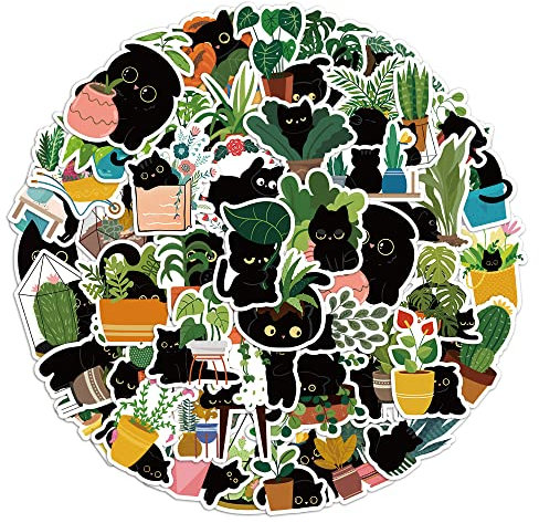50 Stück Katzen und Pflanzen Aufkleber Wasserflaschen Laptop Telefon Gitarre Skateboard Computer Koffer Fahrrad Cats Vinyl Stickers Wasserdicht Ästhetisch Aufkleber für Jugendliche Kinder Erwachsene