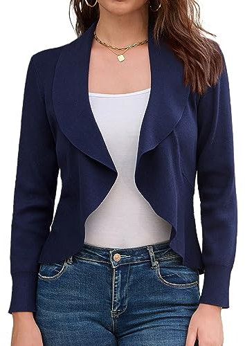 GRACE KARIN Women's Summer Knitted Cropped Cardigan Button up Long Sleeve Shrug Sweater for Dress Navy 2XL